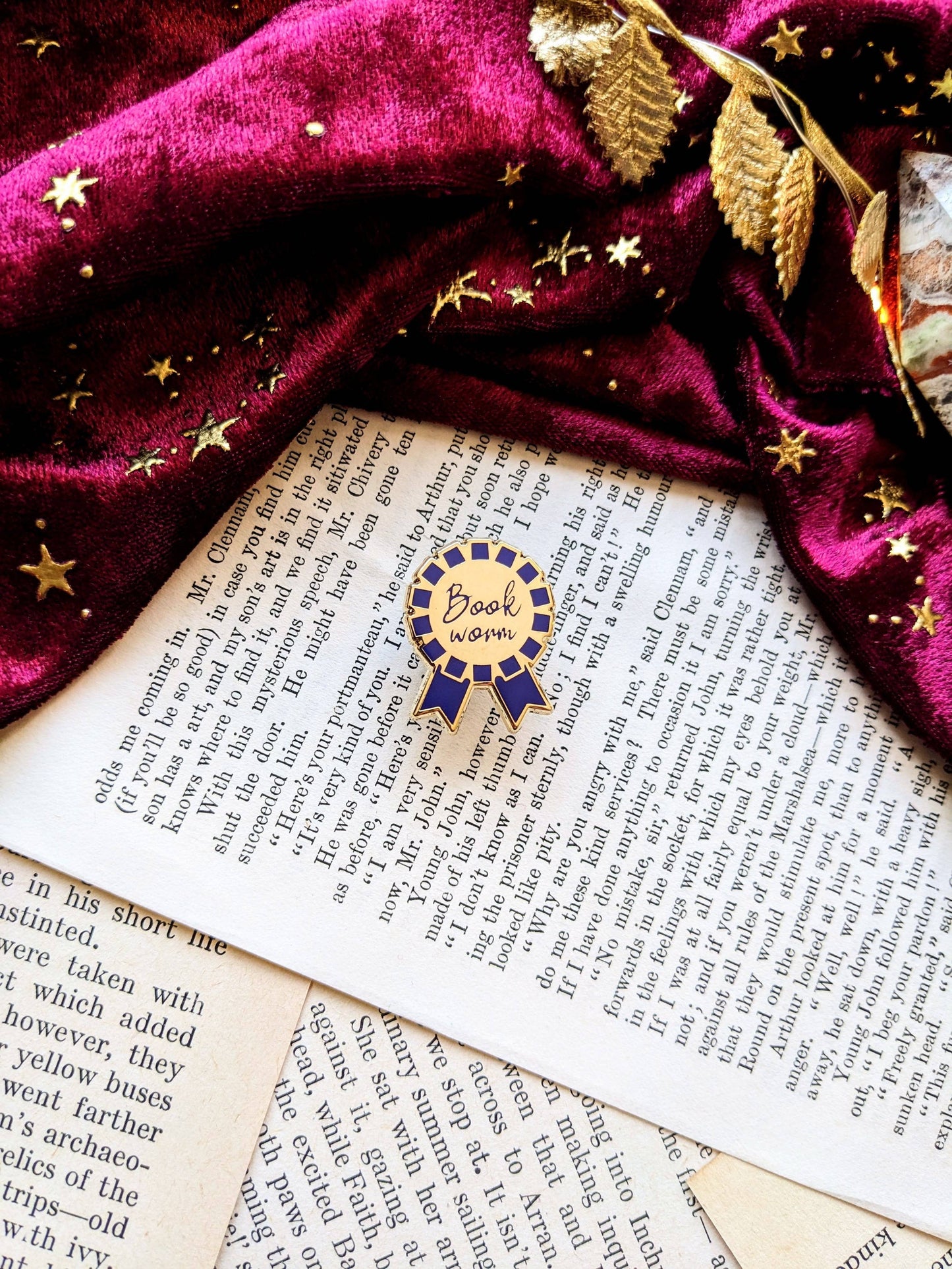 Book worm rosette hard Enamel pin (gold and navy edition)