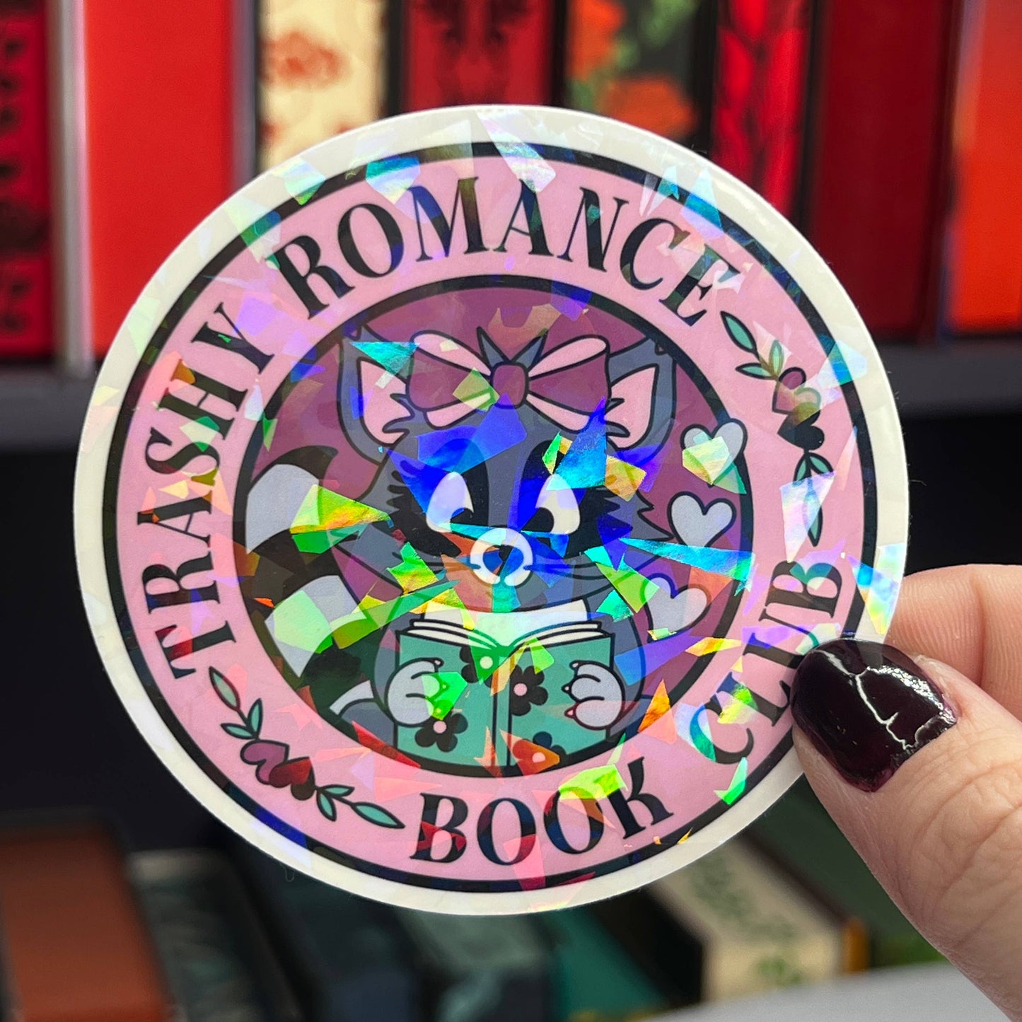 "Trashy Romance Book Club" Holographic Sticker - Raccoon