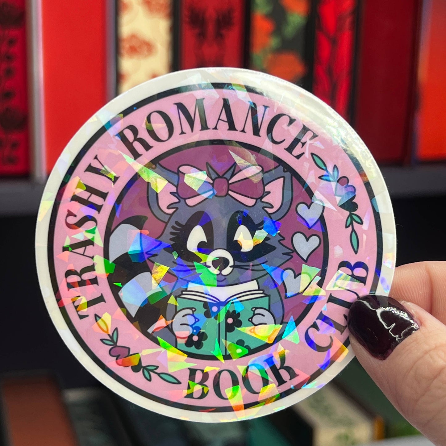 "Trashy Romance Book Club" Holographic Sticker - Raccoon