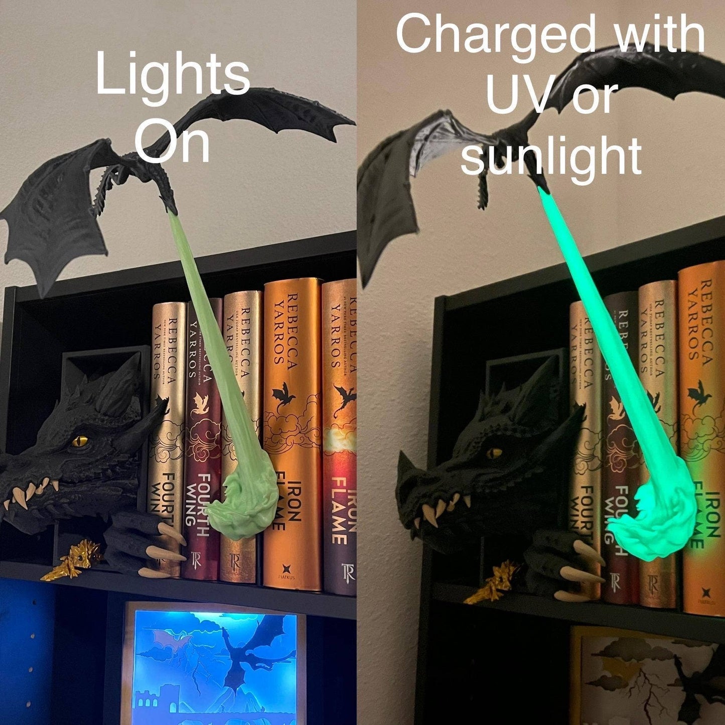 Fire Breathing Dragon Wyvern Book Nook - Glow in Dark Flame