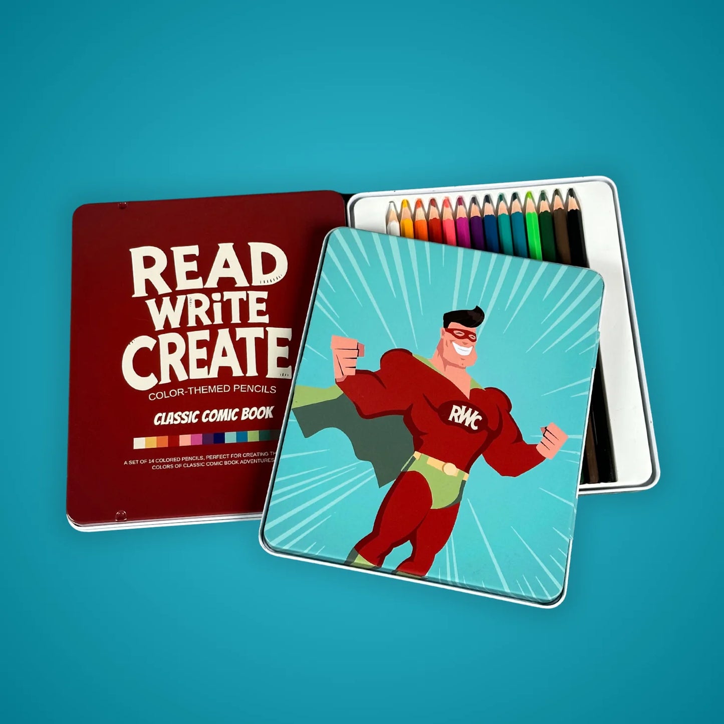 Classic Comic Book Color-Themed Pencils with Collectible Tin Container