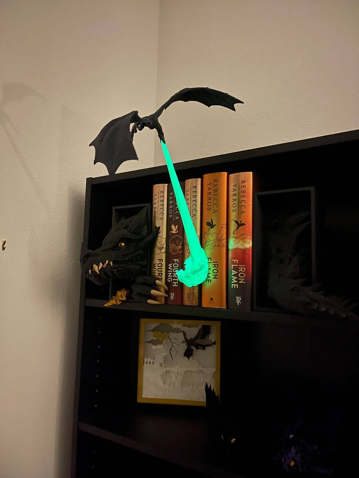 Fire Breathing Dragon Wyvern Book Nook - Glow in Dark Flame