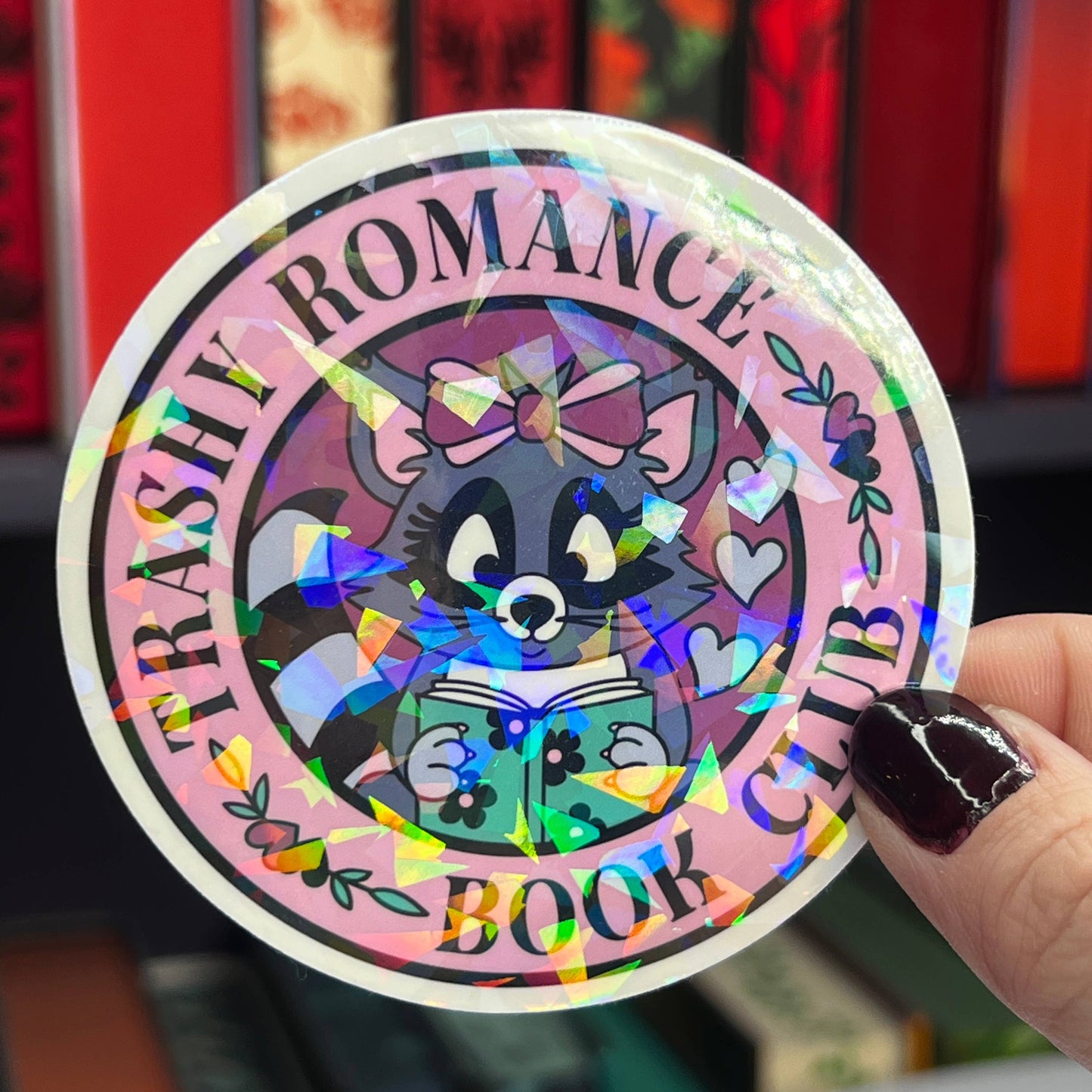 "Trashy Romance Book Club" Holographic Sticker - Raccoon