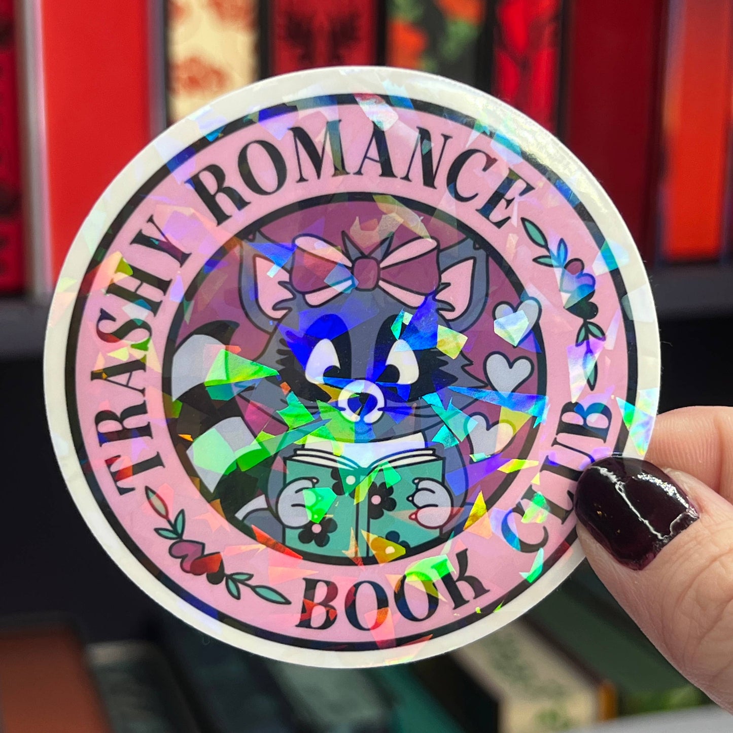 "Trashy Romance Book Club" Holographic Sticker - Raccoon