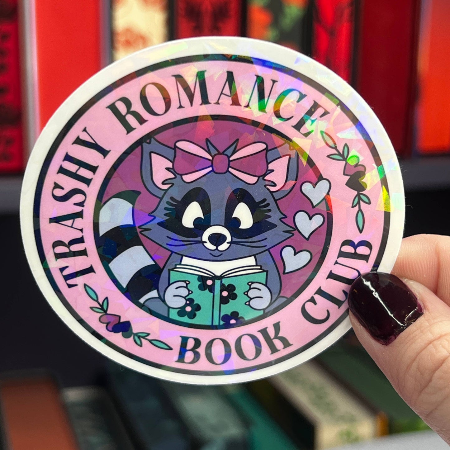 "Trashy Romance Book Club" Holographic Sticker - Raccoon